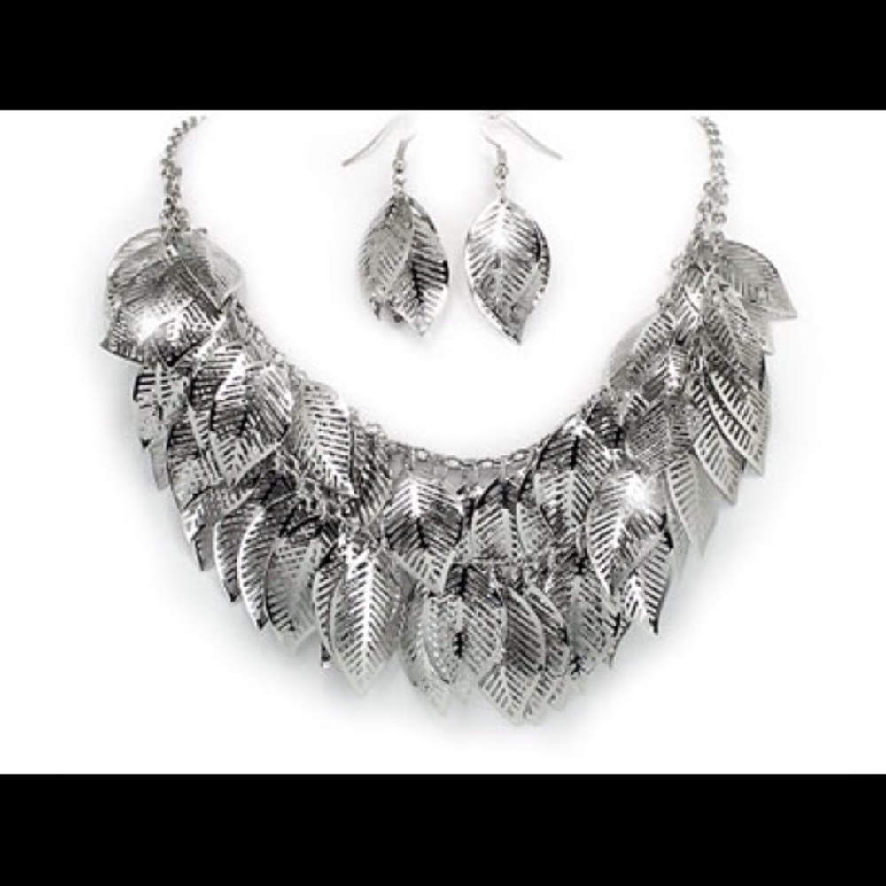 Designer style cascading leaves necklace, earrings
